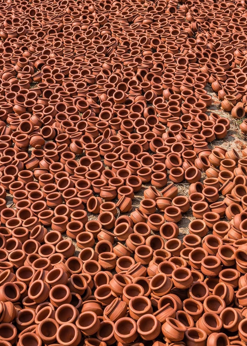 Rows of small red terracotta clay pots drying in the sun