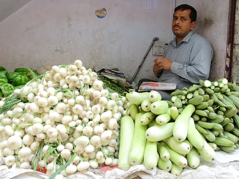 Vegetable vendor sitting behind piles of white onions and gourds in Lower Bazaar Shimla, a narrow market lane