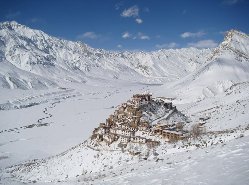 Key Monastery on its hill above a snow-filled Spiti valley in deep winter