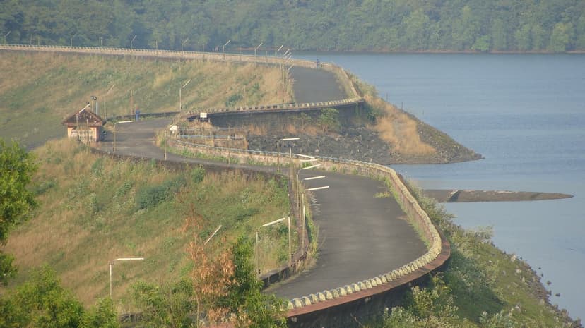 Aerial view over the reservoir and spillway at Salaulim Dam in South Goa