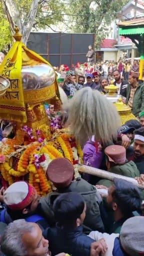 A marigold-decorated palanquin (rath) carrying a deity through a tightly packed crowd at Mandi Shivratri fair — the international fair where 200+ village deities arrive in Mandi each year, accompanied by hundreds of community Dhams cooked by Boti teams
