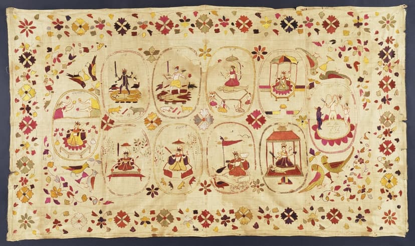 Chamba rumal with the ten Mahavidya goddesses in oval medallions surrounded by dense floral sprays on golden cotton