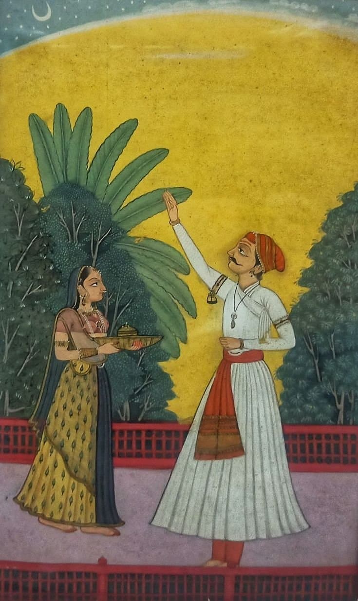 Ragamala miniature painting in Chamba kalam style showing a nobleman raising his hand to a crescent moon beside a woman holding a tray, Bhuri Singh Museum
