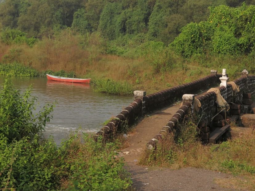 A laterite-and-earth khazan embankment causeway beside a tidal channel at Aldona, Goa, with a red canoe moored on the water and green scrub along the banks.