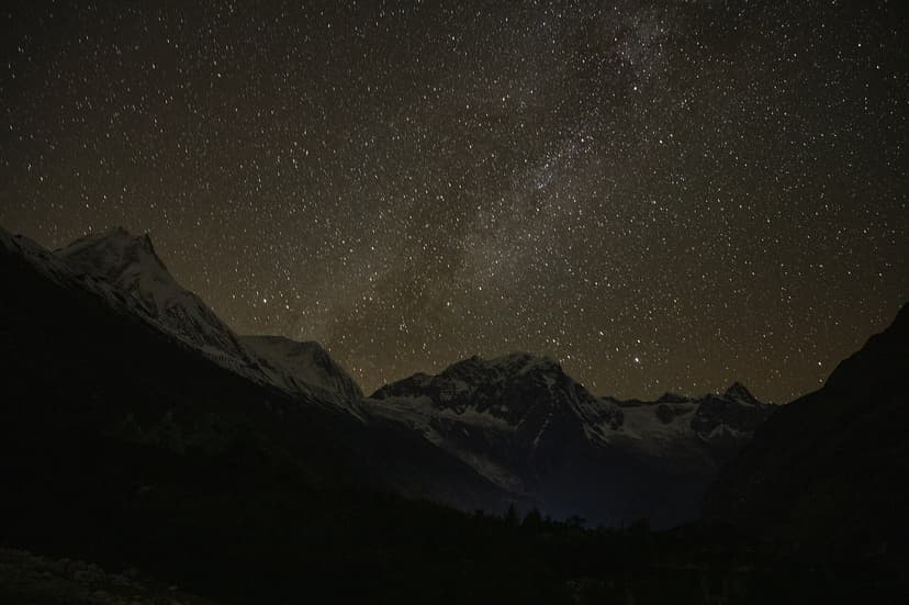 Milky Way band and thousands of stars rising over silhouetted snow-capped Himalayan peaks on a dark night