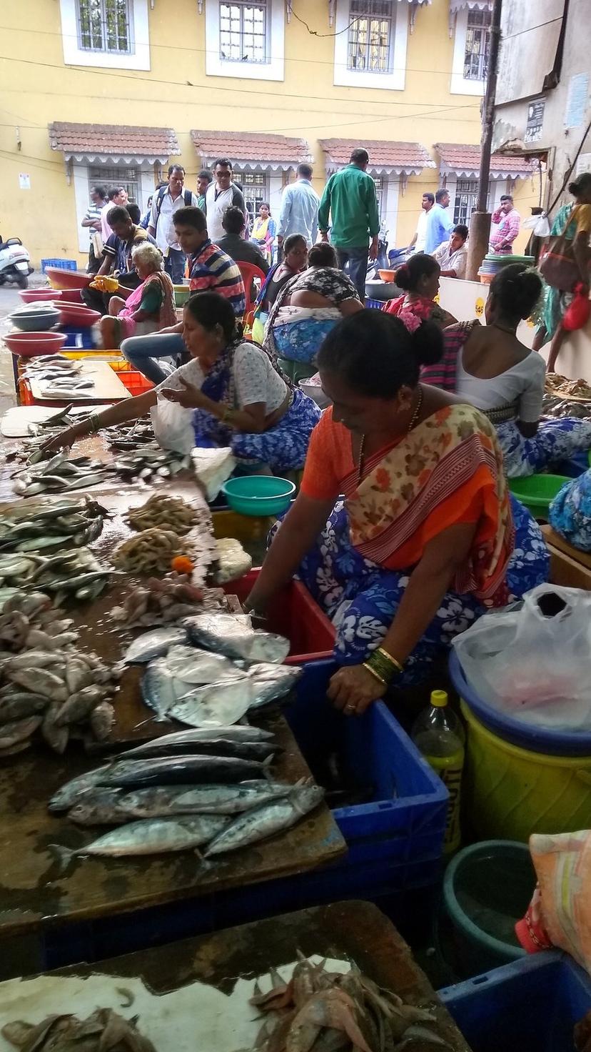 Women vendors seated behind tables piled with fresh fish at the Panjim fish market in Goa, a yellow building and buyers behind