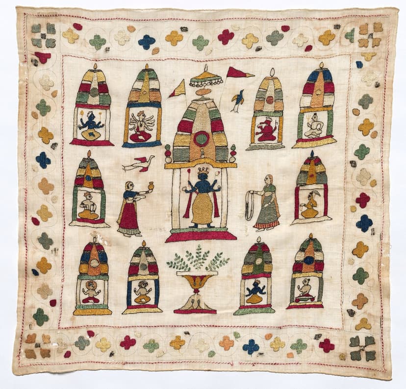 Square Chamba rumal embroidered with shrine canopies arranged around a central temple figure, cruciform flower border