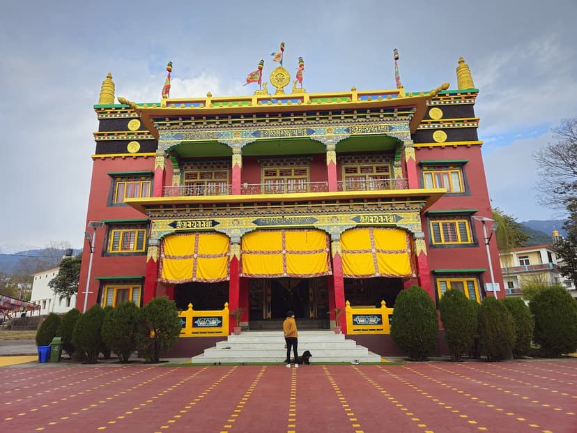 Chokling Monastery in Bir Tibetan Colony with golden stupa and prayer flags