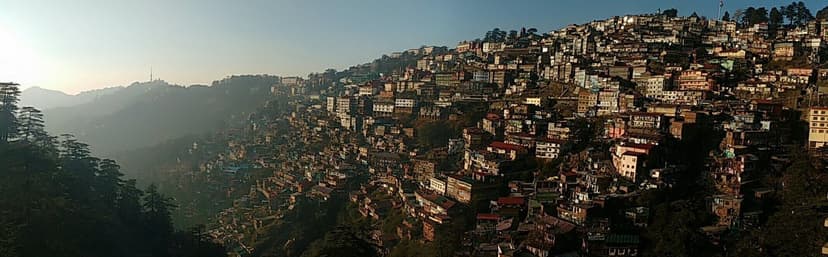 Panoramic view of Shimla at golden hour — densely packed colourful buildings cascading down the hillside, deodar trees, hazy mountain ridges in the background