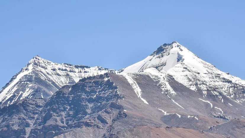 Snow-dusted peaks of the Kanamo range rising above Kibber village in Spiti